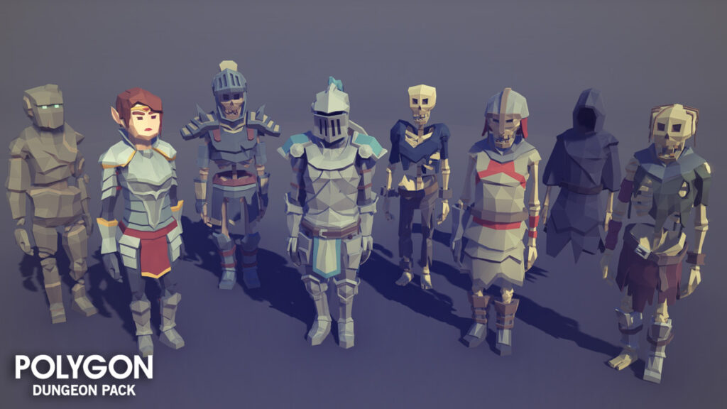 Examples of the 3d models found within the polygon dungeons asset pack