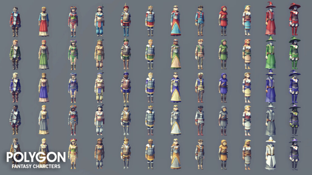 the 3d models found inside the polygon fantasy characters asset pack