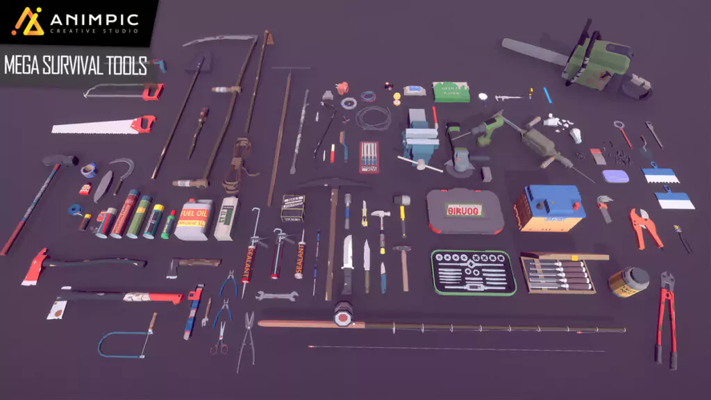 full breakdown image of all assets included in the poly mega survival tools package