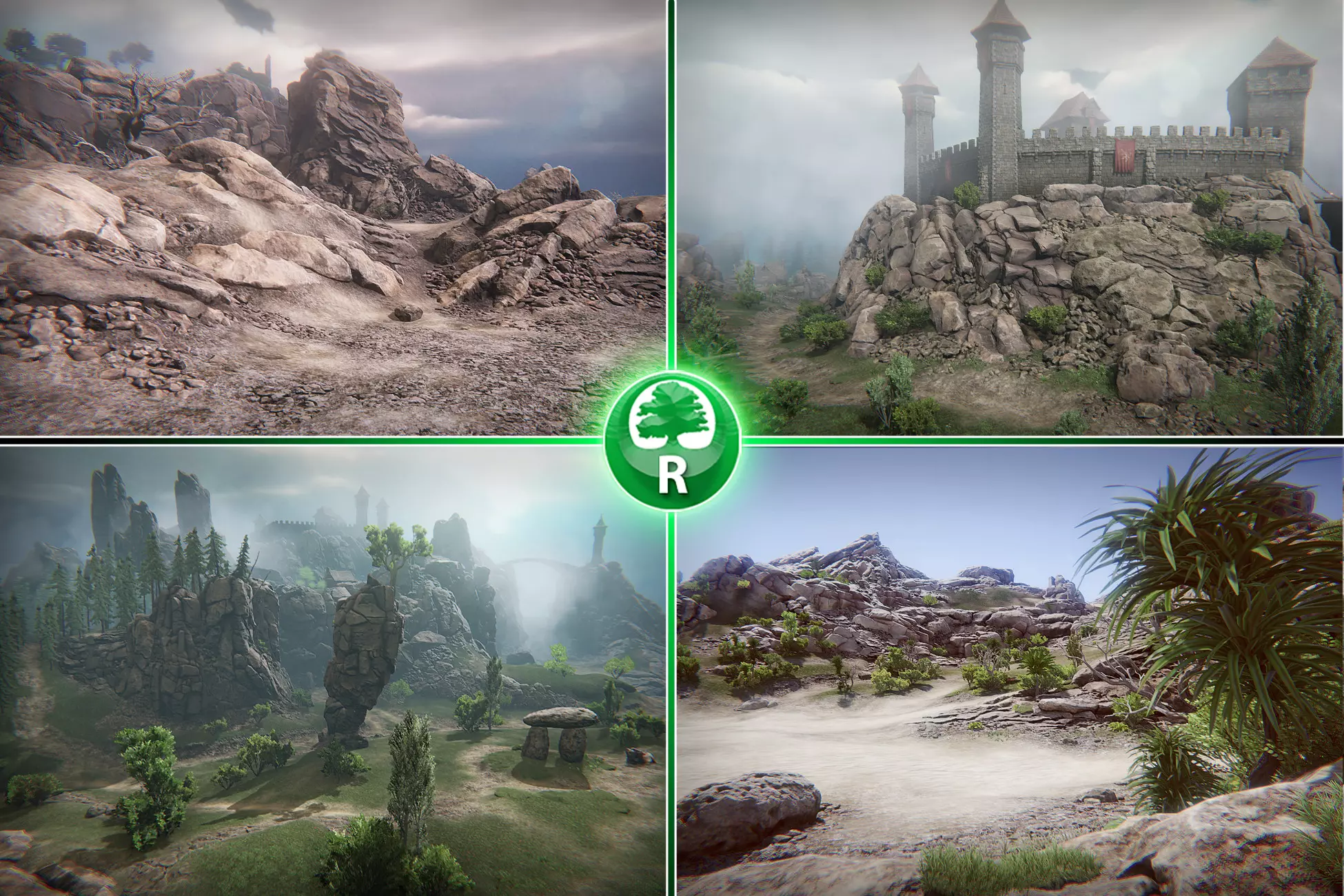 This image shows 4 demo scenes that you can create with the BIG Environment Pack Reforged Free Download