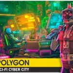 This is a promotional image showing off some of the assets found within the SCI-FI Cyber city free download pack. It shows some characters too.