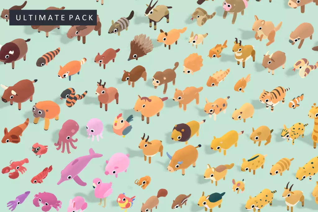 This image shows some of the 3D models found in the Quirky Series+ Animals ULTIMATE Pack Free Download