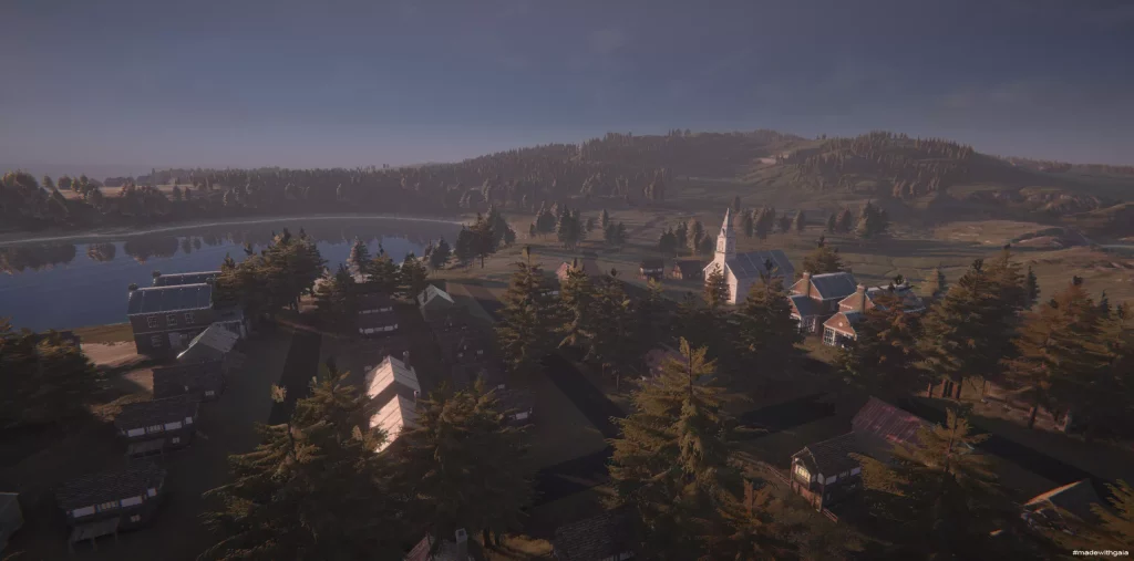 This image shows a stunning environment made with the Gena pro asset pack. It shows a village and a long distance view.