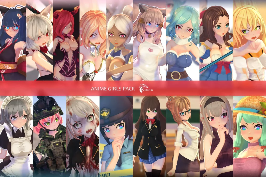 This is a image showing some of the free models you can get in this anime girls asset pack.