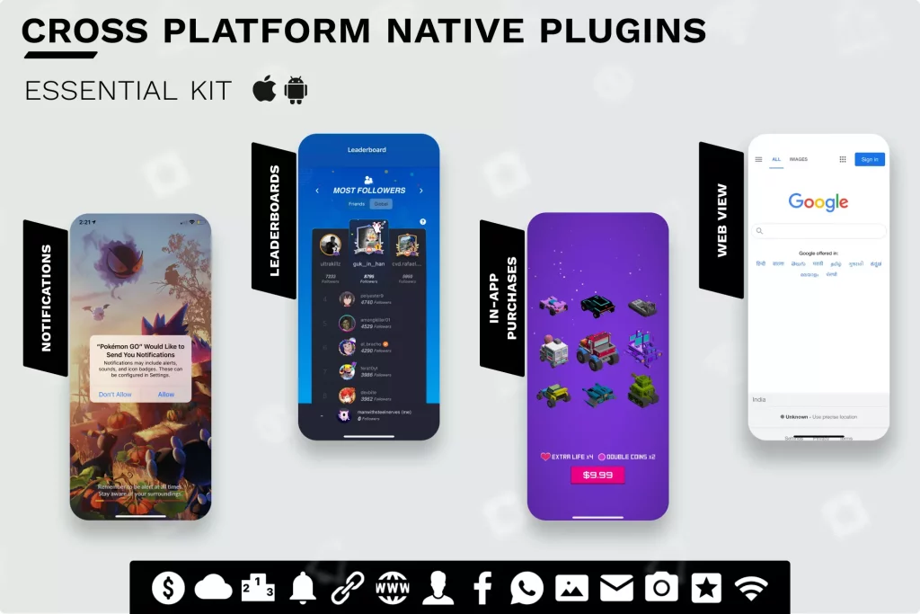 this image shows some of the features available with the cross platform native plugins essential kit.